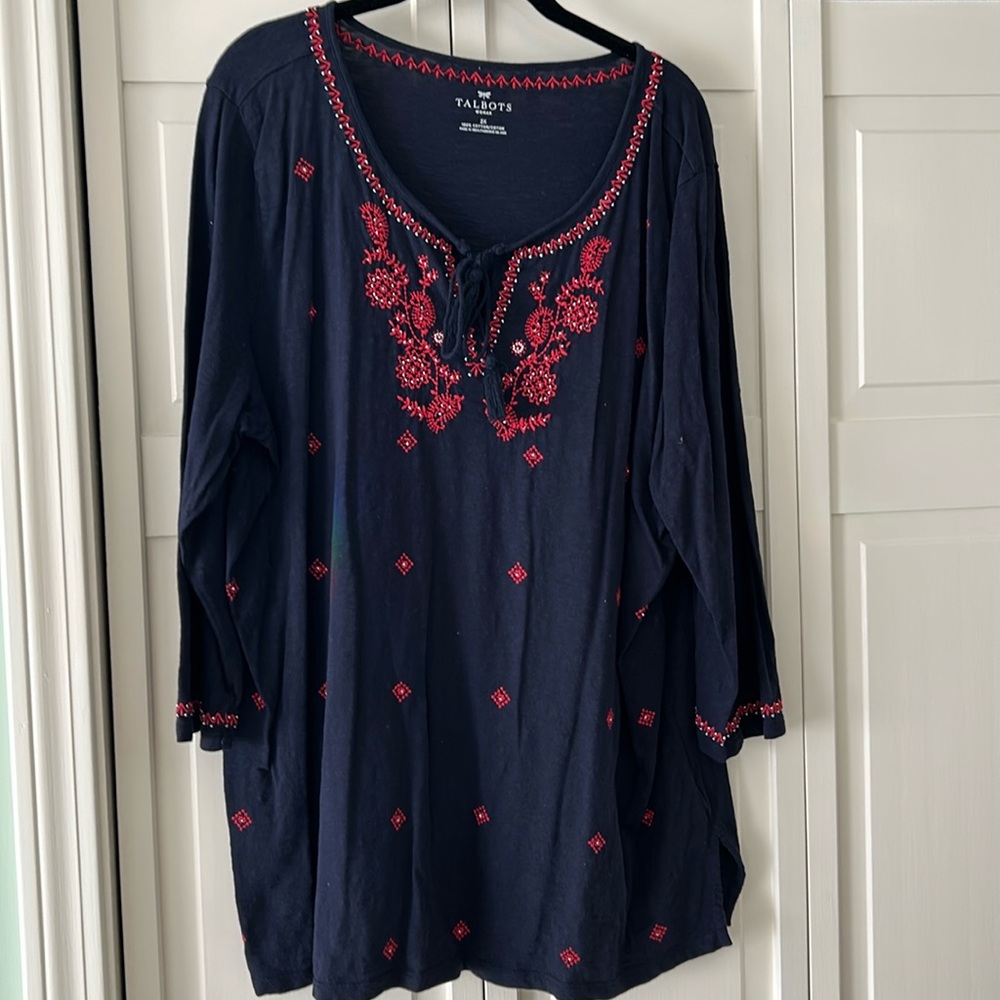 Talbots navy tunic with red embroidery